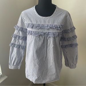 J.Crew round neck ruffle long sleeved shirt white blue nautical stripe